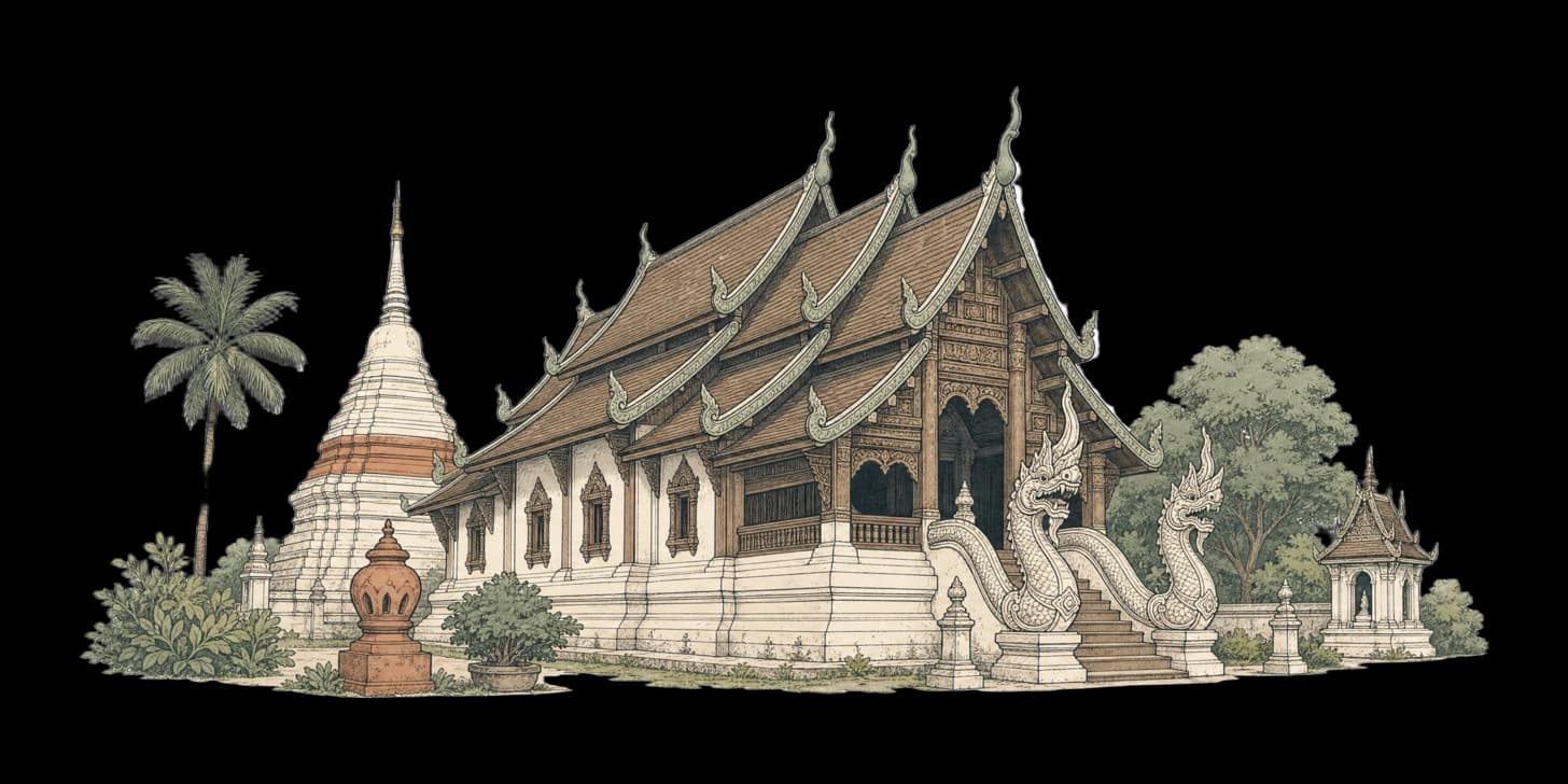 Les niveaux étagés d'un toit de temple Lanna s'abaissant sur un pignon en bois sculpté