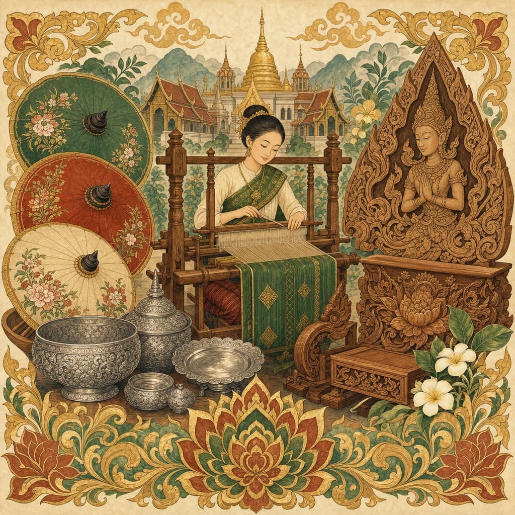 Lanna-style illustration of Chiang Mai handicrafts — hand-painted paper umbrellas, silverware, a loom with woven silk, and carved teak