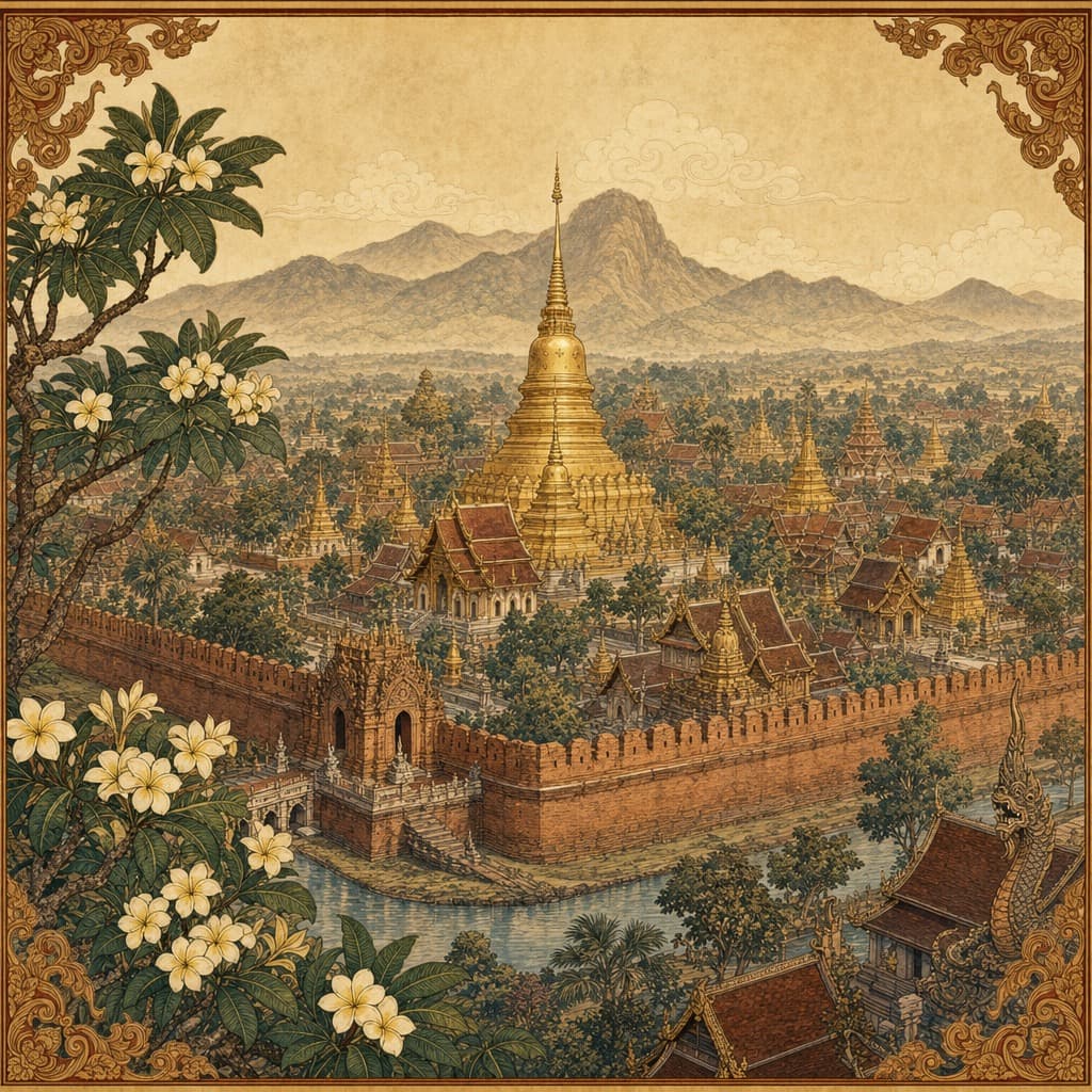 Lanna-style illustration of an old walled Chiang Mai with a great golden chedi, ancient brick walls and a moat, tiered temple roofs and misty mountains
