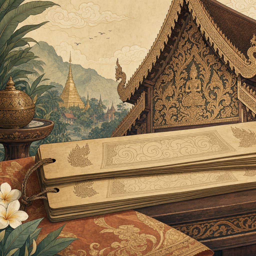 Tasteful Lanna-style illustration of a palm-leaf manuscript inscribed with rounded, looping Tua Mueang letters beside a carved temple gable