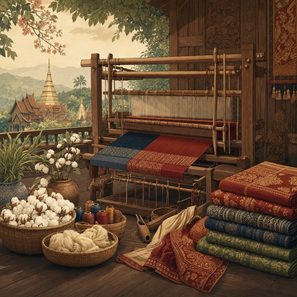 Lanna-style illustration of a wooden floor loom strung with indigo and crimson threads, baskets of raw cotton and silk, and folded Northern Thai textiles