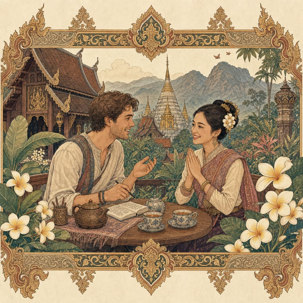 Lanna-style illustration of a foreign visitor and a local Thai person smiling over tea, one offering a respectful wai gesture, with temple and mountains behind