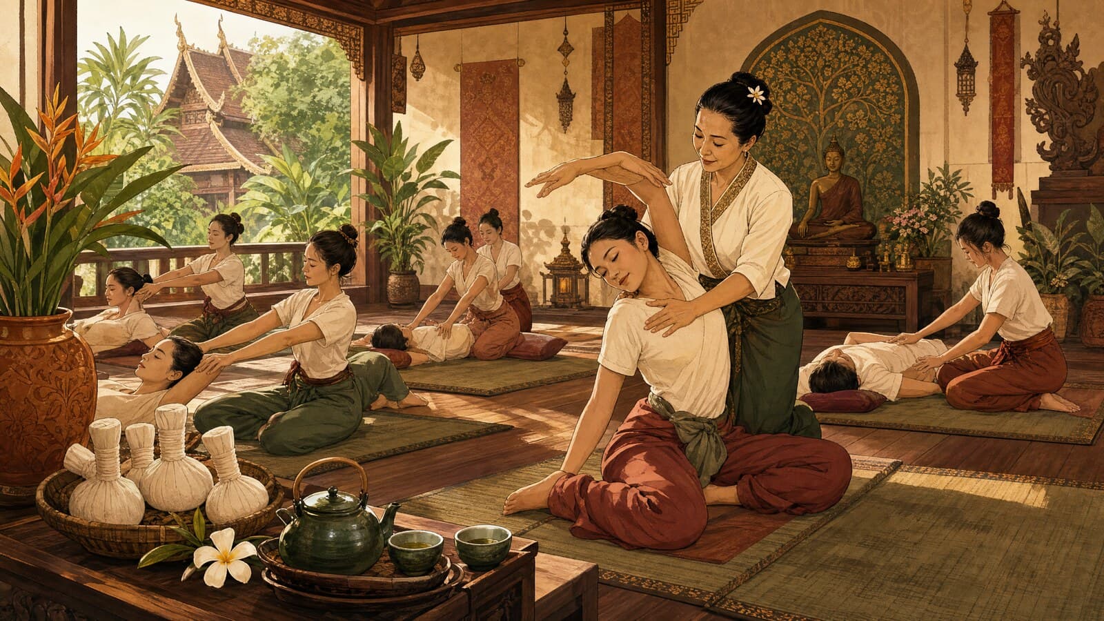 A warm Lanna-style illustration of a Thai massage classroom with students practising stretches on floor mats, a teacher demonstrating, herbal compresses and tea by the window.