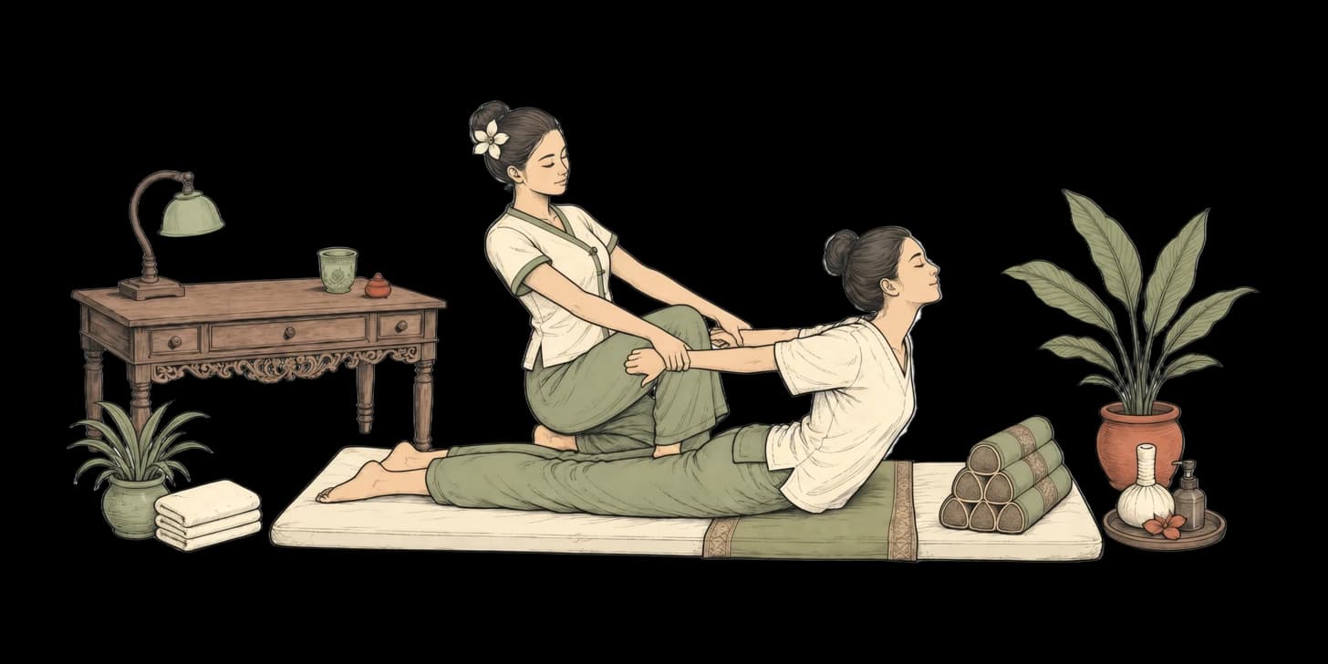 泰式按摩师在地垫上引导学员做温和后弯伸展的插图
