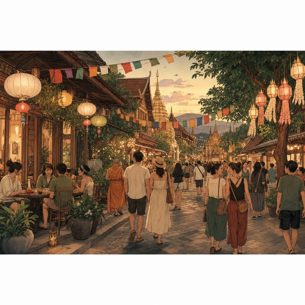 A warm Lanna-style illustration of a friendly Chiang Mai evening street scene with rainbow bunting, paper lanterns, welcoming cafés and people of all kinds strolling together.