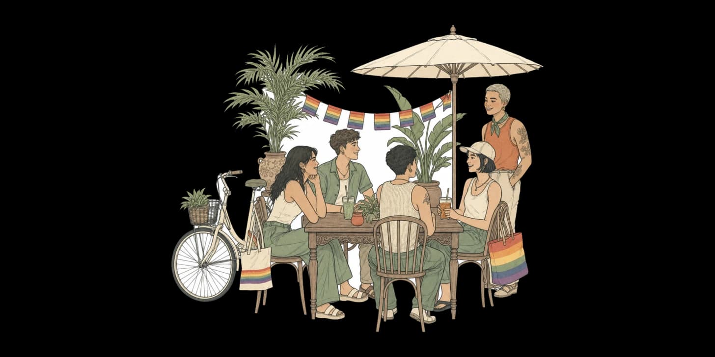 A warm Lanna-style illustration of a small, friendly Chiang Mai bar with a cabaret stage and a mixed, welcoming crowd.