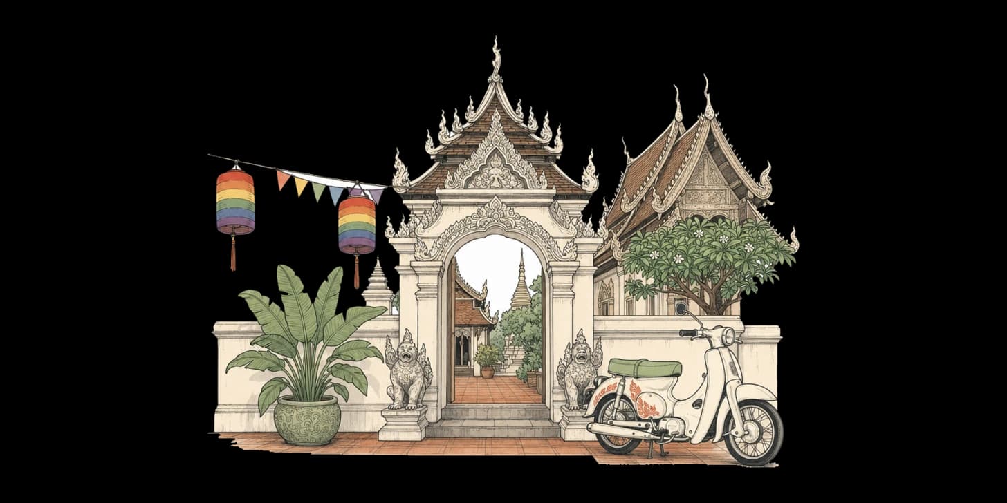 A warm Lanna-style illustration of a relaxed Chiang Mai café terrace at dusk, with friends of all kinds chatting under paper lanterns and rainbow bunting.