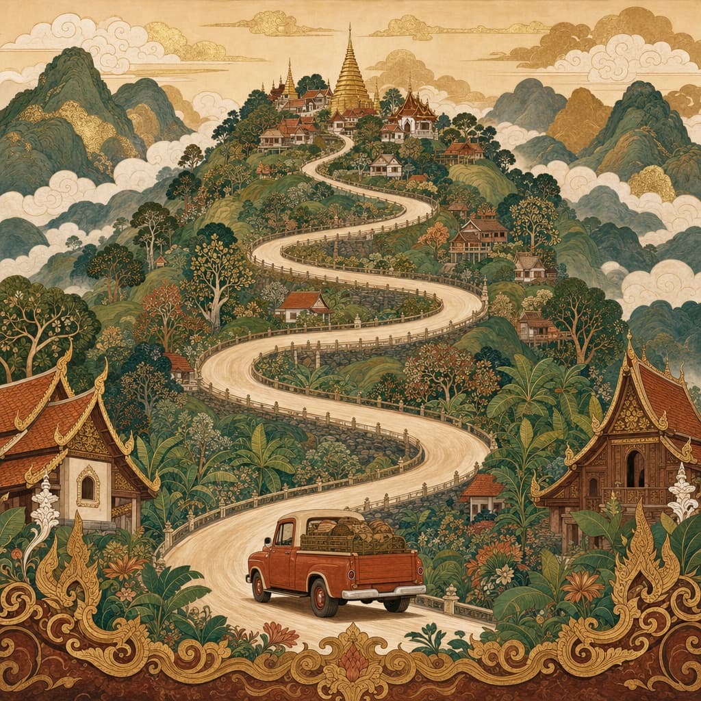 Lanna-style illustration of a long mountain road trip — endless switchbacks climbing through misty peaks toward a small hill village