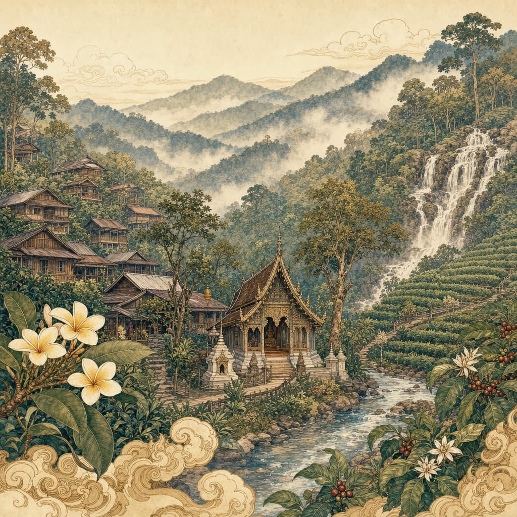 Lanna-style illustration of Mae Kampong mountain village in mist, wooden houses on a forested hillside, a stream-side shrine and a waterfall