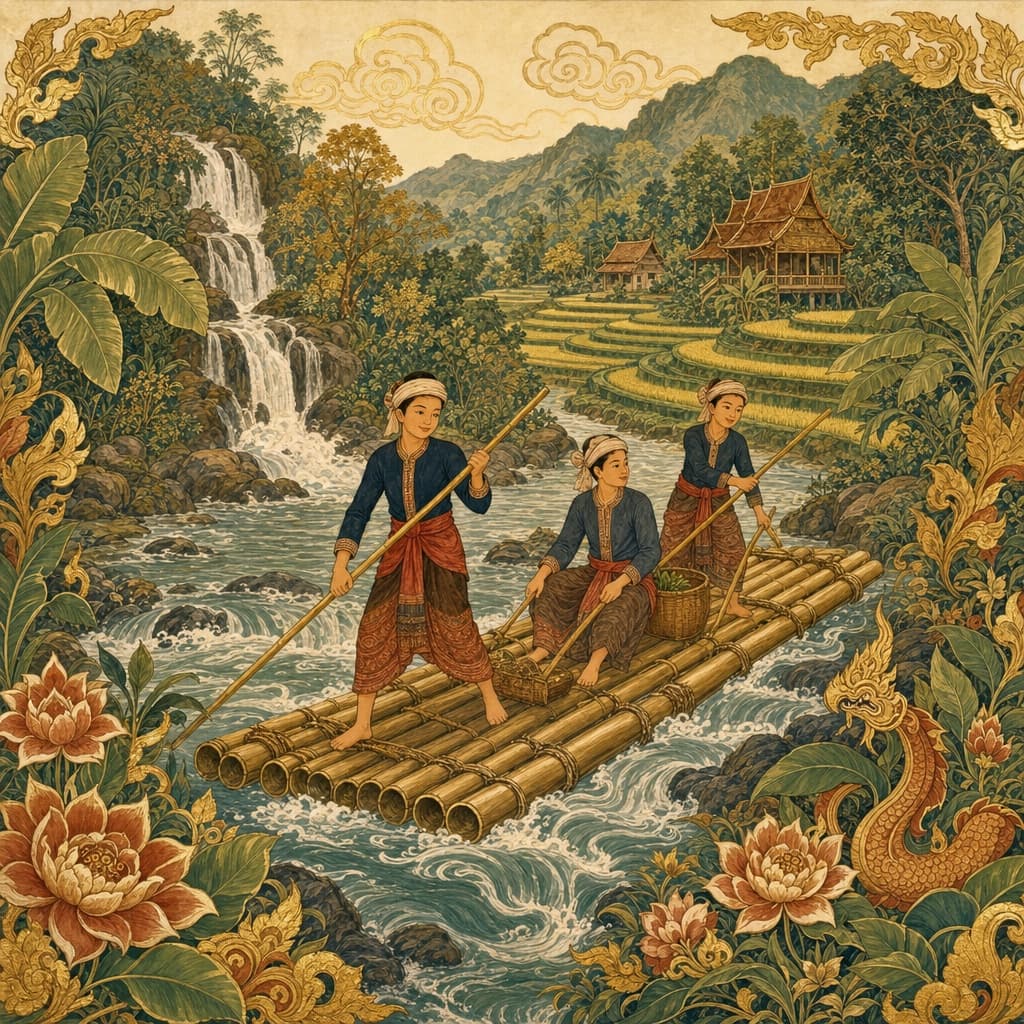 Lanna-style illustration of bamboo rafting down a jungle river in the Mae Wang valley, rice terraces and a waterfall