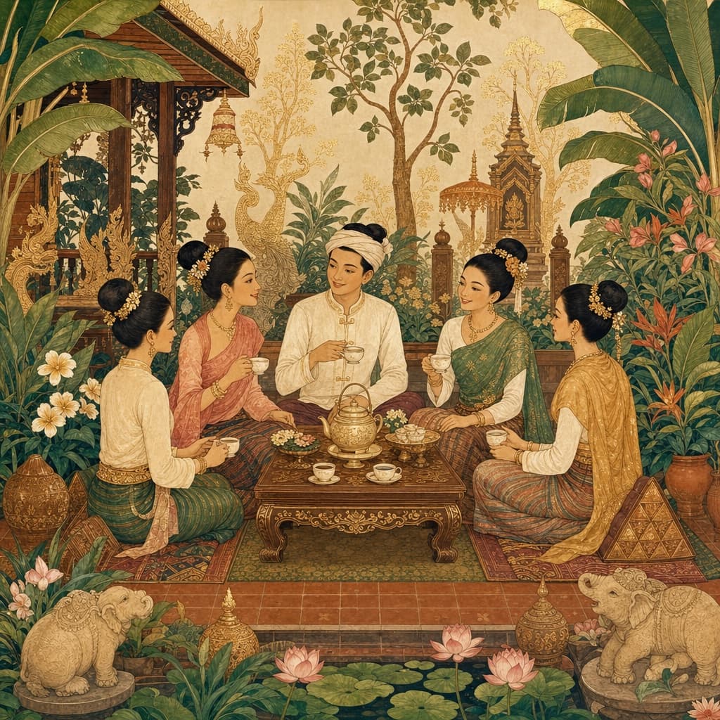 Lanna-style illustration of people sharing tea and conversation around a low teak table in a Chiang Mai garden