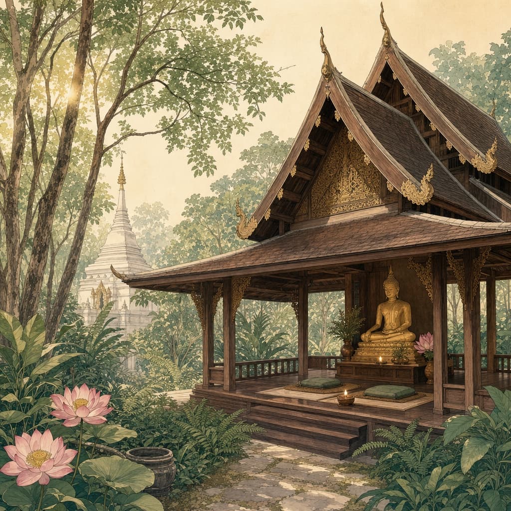 Lanna-style illustration of a serene Chiang Mai forest temple meditation sala with a golden Buddha, cushions, a candle and a lotus in soft morning light