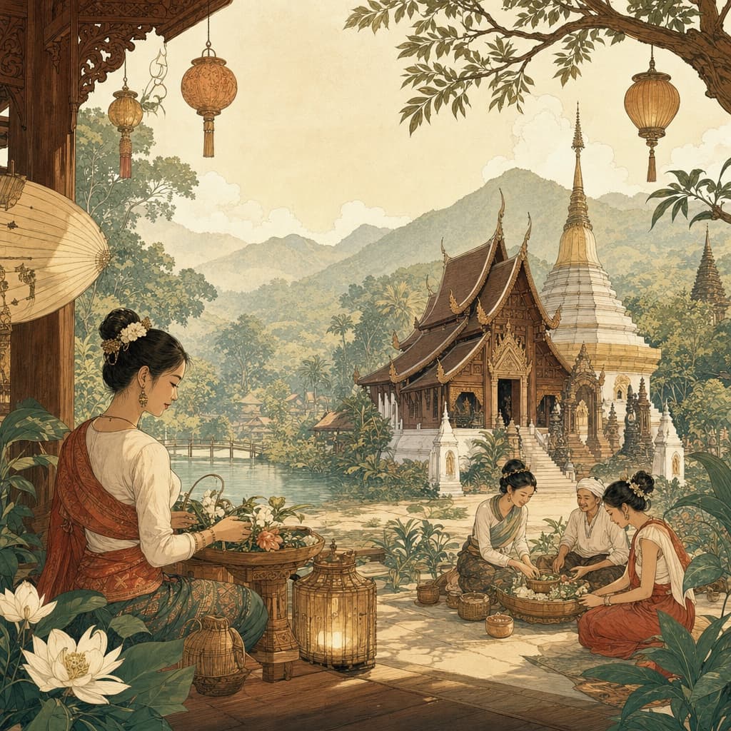 A calm Lanna-style illustration of soft mountains, a quiet temple and lantern light, evoking wellbeing, stillness and gentle community