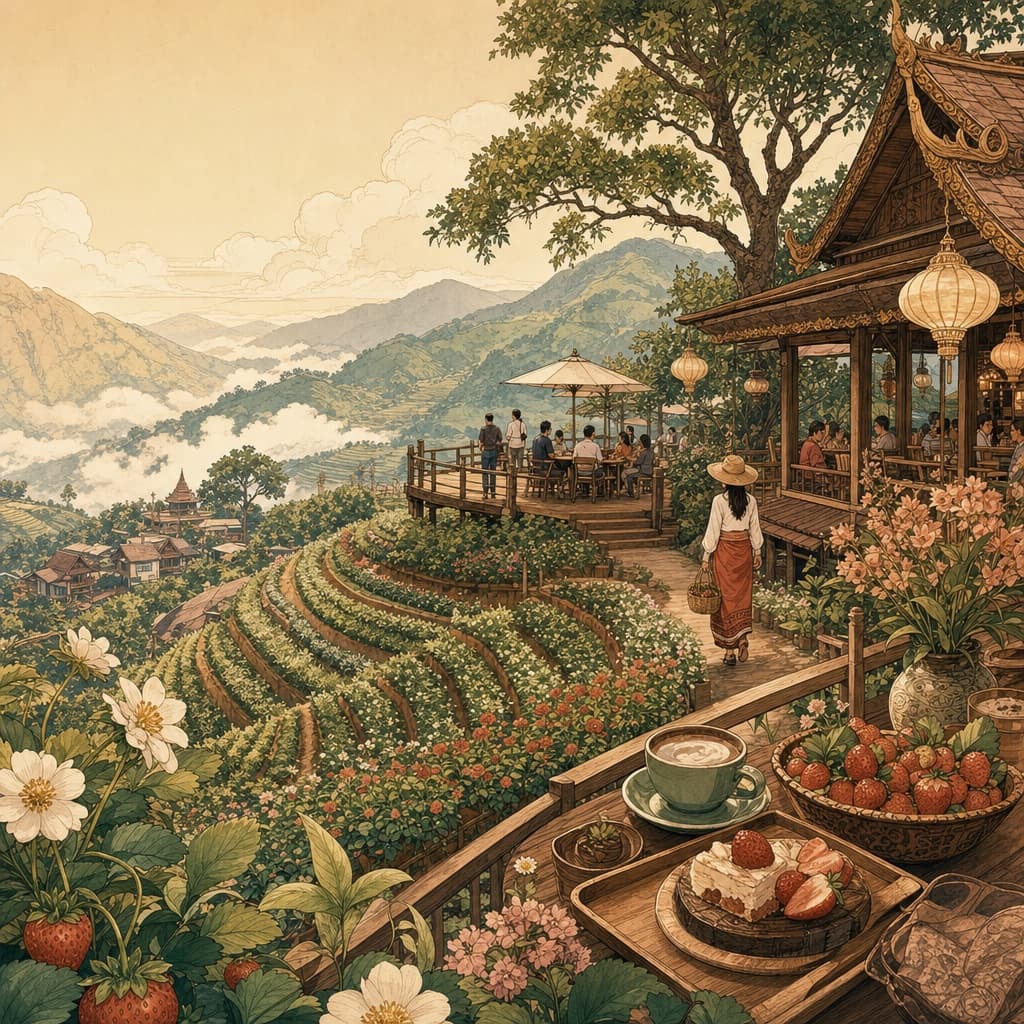 A warm Lanna-style illustration of terraced ridge-top flower and strawberry farms with a viewpoint and cafes at Mon Cham in the Mae Rim hills.