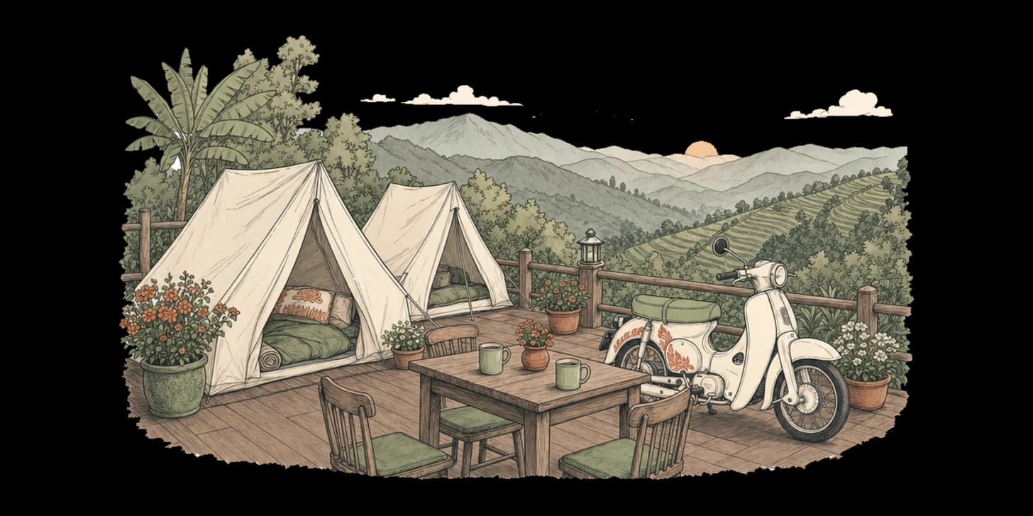 A Lanna-style illustration of the Mon Cham hillside farms, cafes and viewpoint above Mae Rim