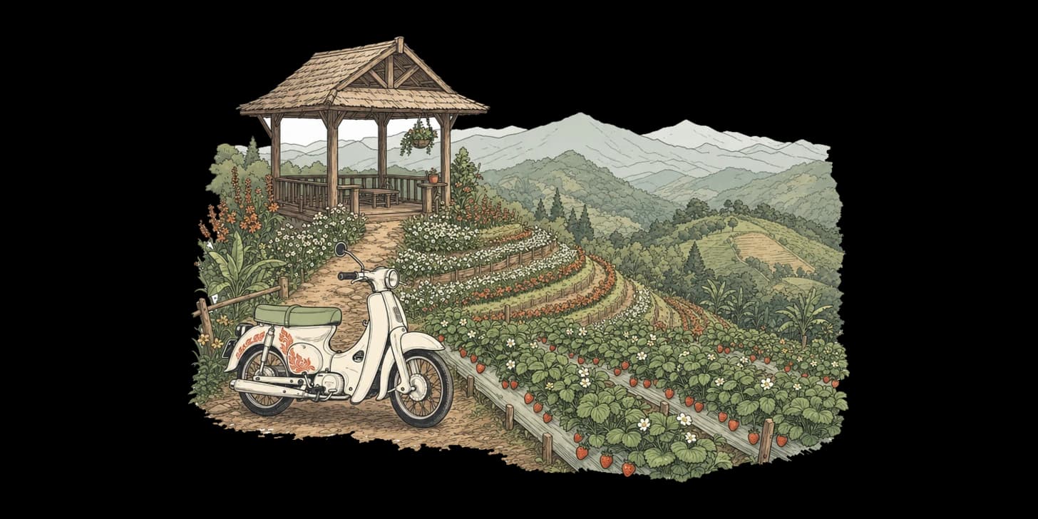 A Lanna-style illustration of terraced strawberry and flower farms at the Mon Cham ridge viewpoint