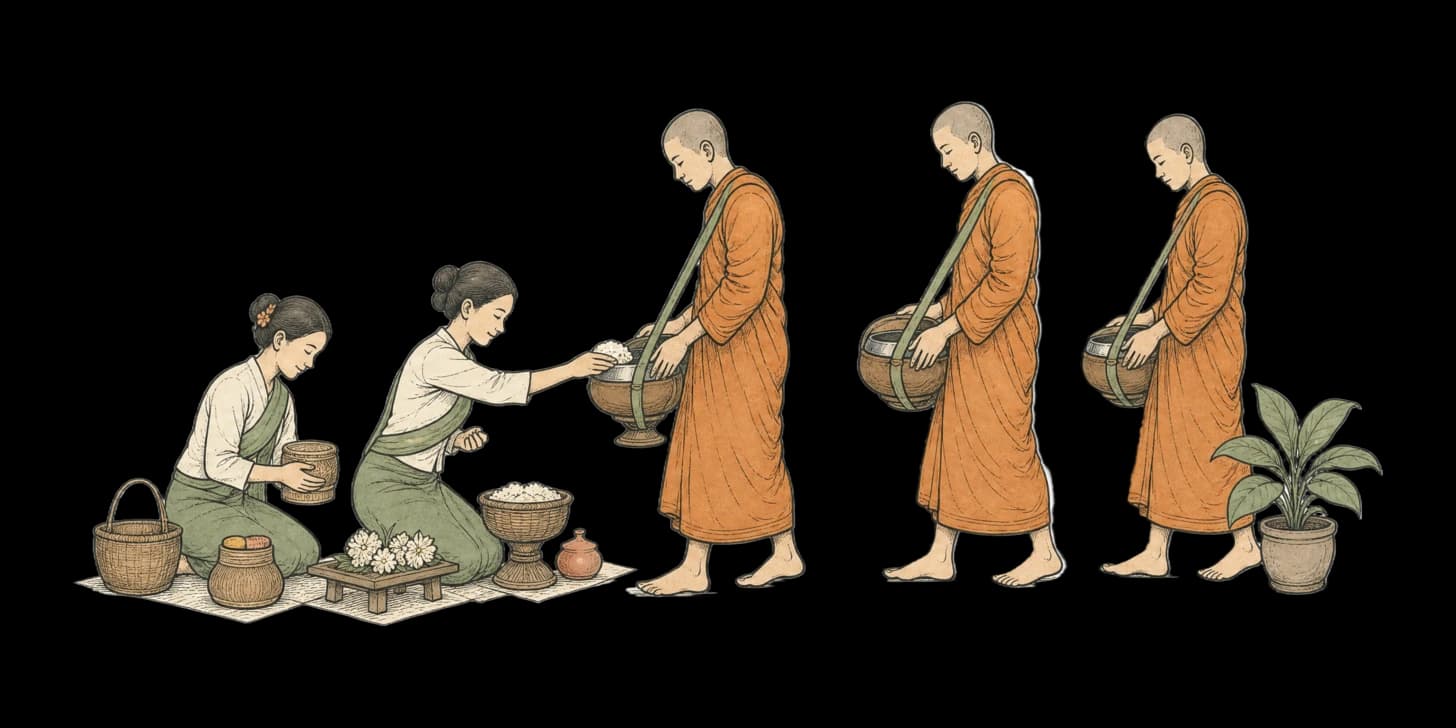 Illustration of a quiet neighbourhood lane at first light, a single saffron-robed monk receiving offerings while onlookers stand back respectfully