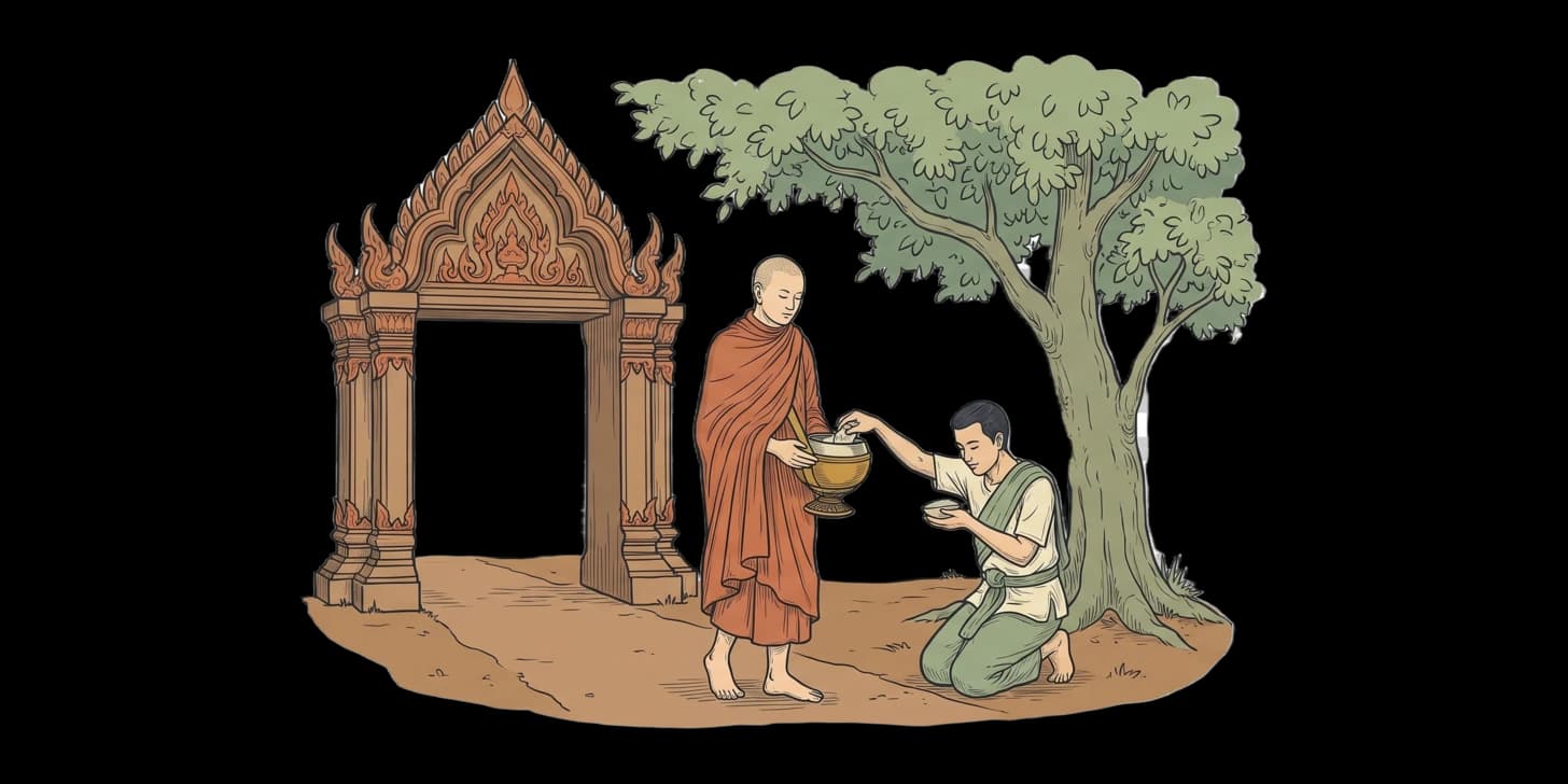 Illustration of a barefoot layperson kneeling at the roadside at dawn, palms together, placing sticky rice into a monk's black alms bowl
