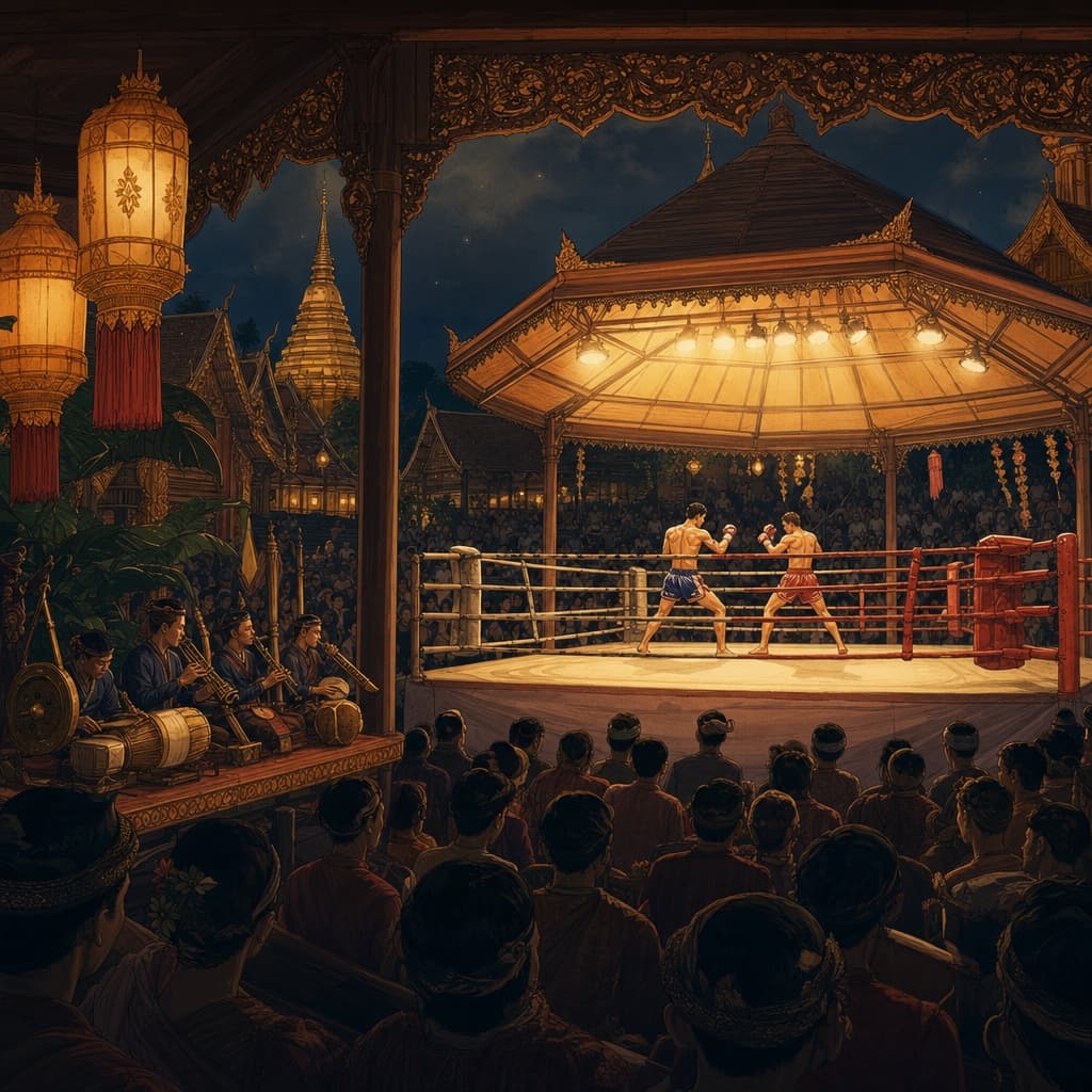 Lanna-style illustration of a Muay Thai fight night in Chiang Mai, two fighters in a lit ring with a traditional band playing at the side