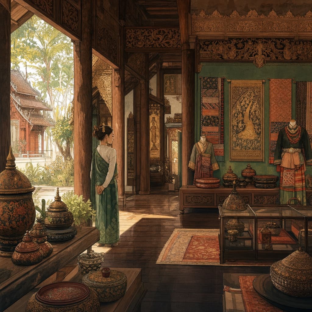 Lanna-style illustration of a Chiang Mai museum interior with carved teak, hill-tribe textiles and antique lacquerware in warm afternoon light