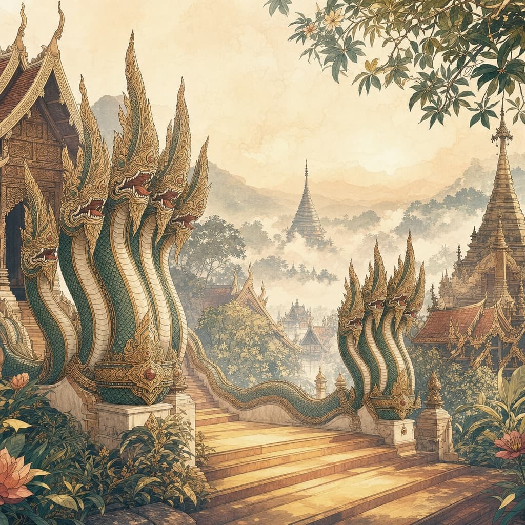 Lanna-style illustration of a temple naga staircase, two many-headed serpents coiling down golden steps into morning mist