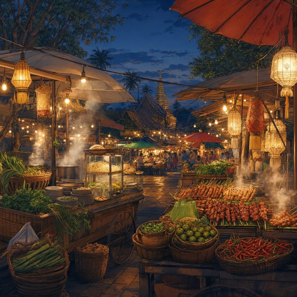 Lanna-style illustration of a Chiang Mai night food market at dusk, glowing stalls and sizzling grills under string lights and lanterns