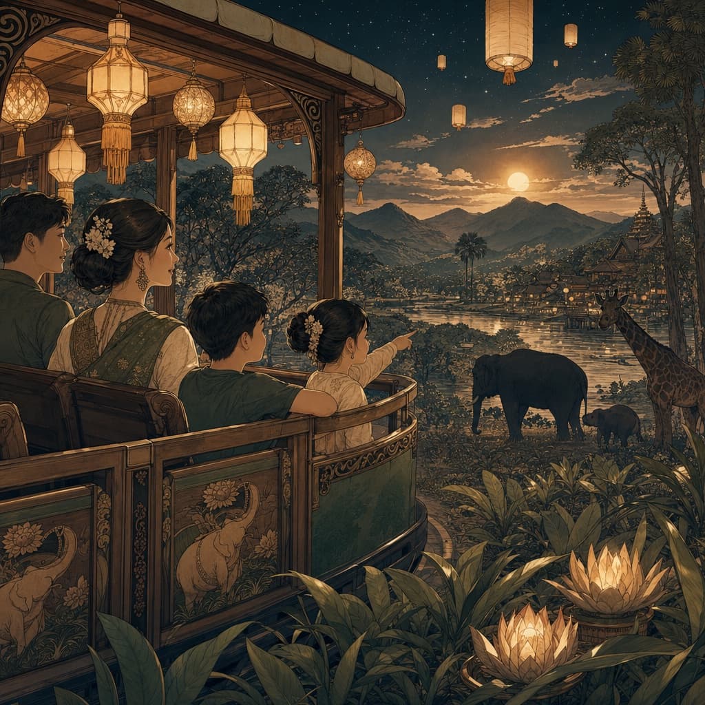 Lanna-style illustration of a family on an evening tram safari in Chiang Mai, lanterns and silhouetted animals under a starry sky by the mountains