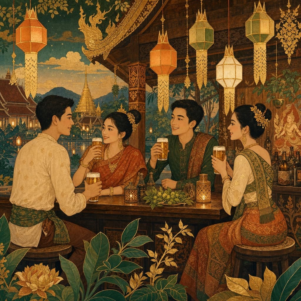 Lanna-style illustration of a relaxed evening bar scene with friends sharing craft beer beneath glowing paper lanterns