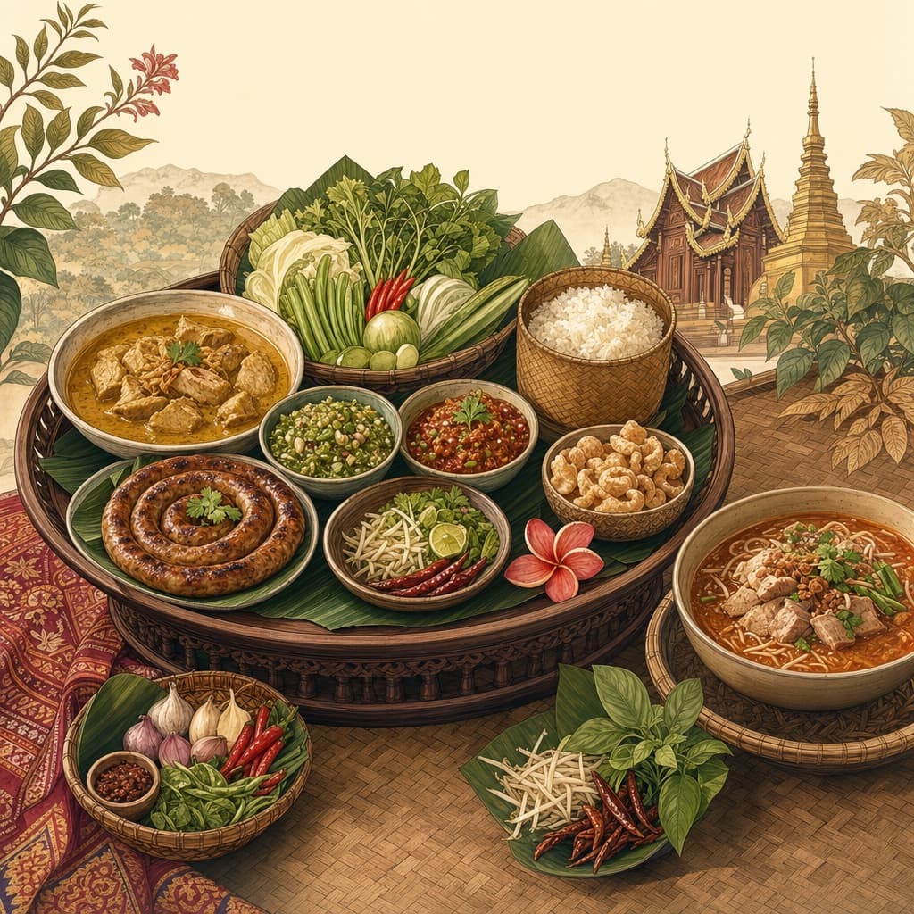 Lanna-style illustration of a Northern Thai khantoke feast on a teak pedestal tray — curries, herb sausage, chili dips and a basket of sticky rice