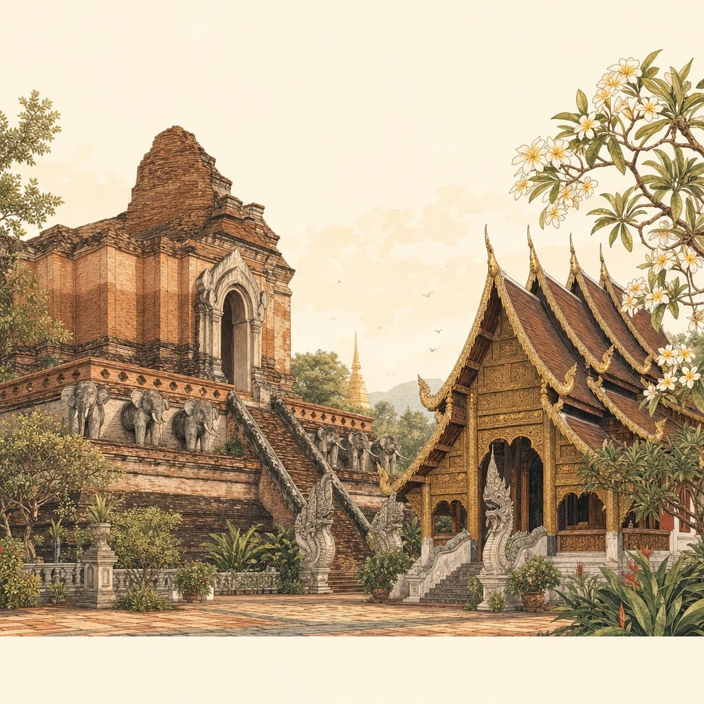 Lanna-style illustration of Chiang Mai's old city temples, a weathered brick chedi beside a gilded teak viharn among frangipani trees