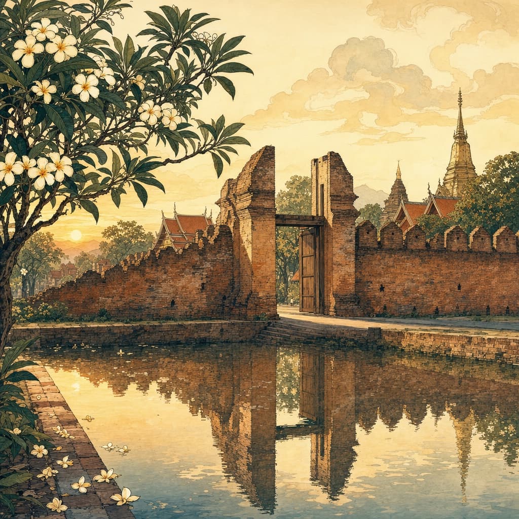 Lanna-style illustration of Chiang Mai's old city gate and weathered brick wall mirrored in the moat, frangipani trees and a soft dawn sky