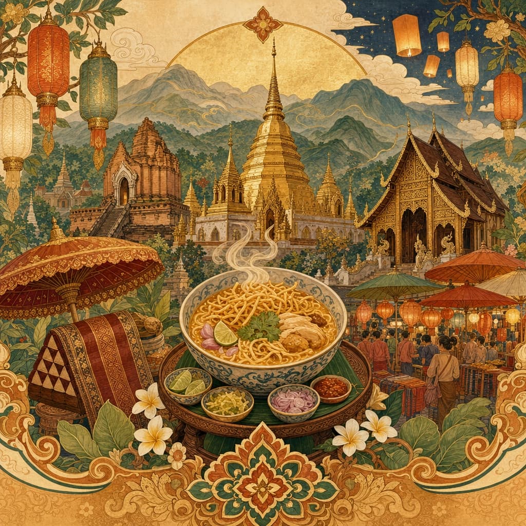 Lanna-style illustration of a week of Chiang Mai highlights — golden temples, misty mountains, lantern-lit night markets and a steaming bowl of khao soi