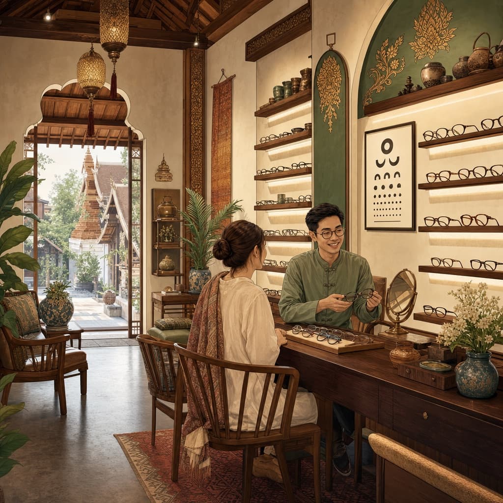 A warm Lanna-style illustration of a friendly optician's shop in Chiang Mai, with rows of spectacle frames and a wall-mounted eye chart.