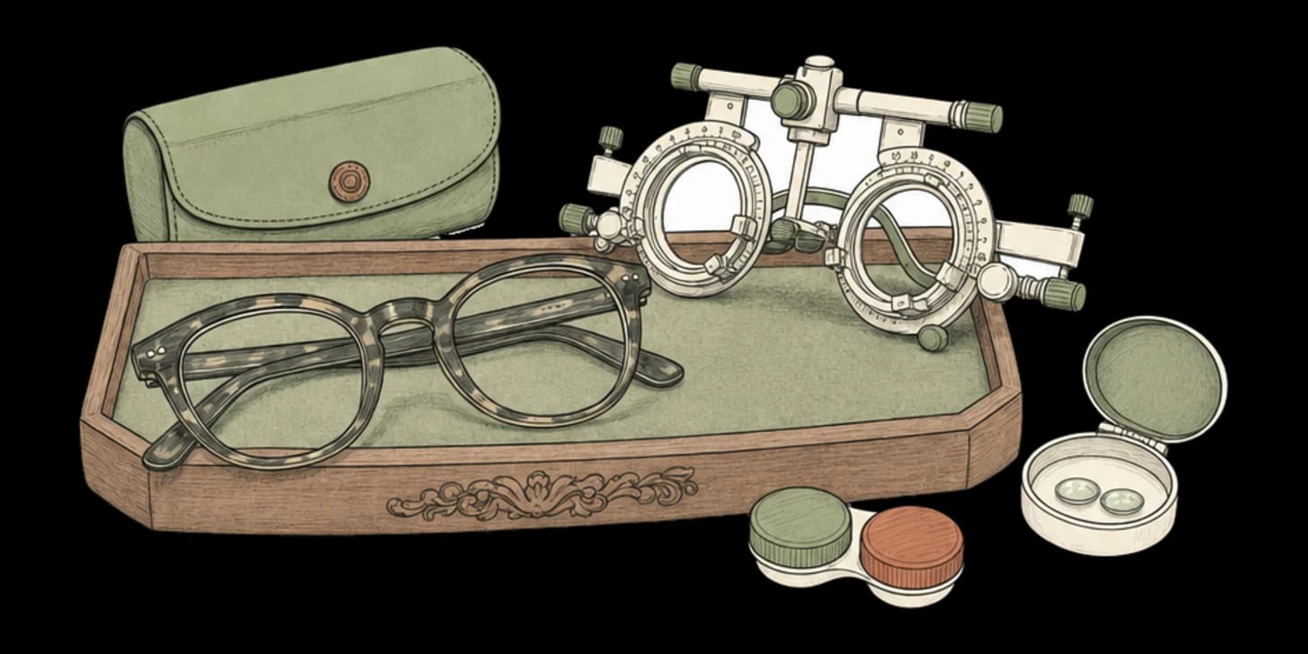 Eine Lanna-Illustration eines Optikergeschäfts in Chiang Mai mit Reihen von Brillengestellen und einer Sehtafel