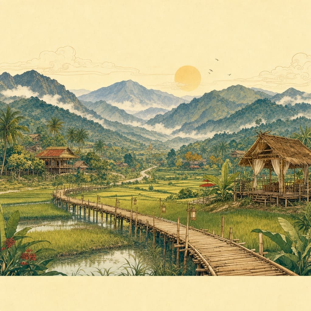 Lanna-style illustration of the Pai valley, green rice fields with a bamboo bridge winding to misty mountains and simple huts