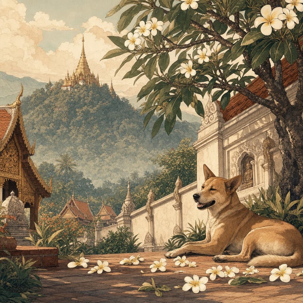 Lanna-style illustration of a contented dog resting under a frangipani tree beside a Chiang Mai temple wall, with Doi Suthep in the distance