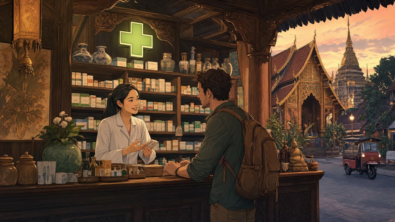 A warm Lanna-style illustration of a small Chiang Mai pharmacy at dusk, its glowing green cross sign above neat shelves of medicine boxes while a pharmacist in a white coat chats with a traveller across the wooden counter