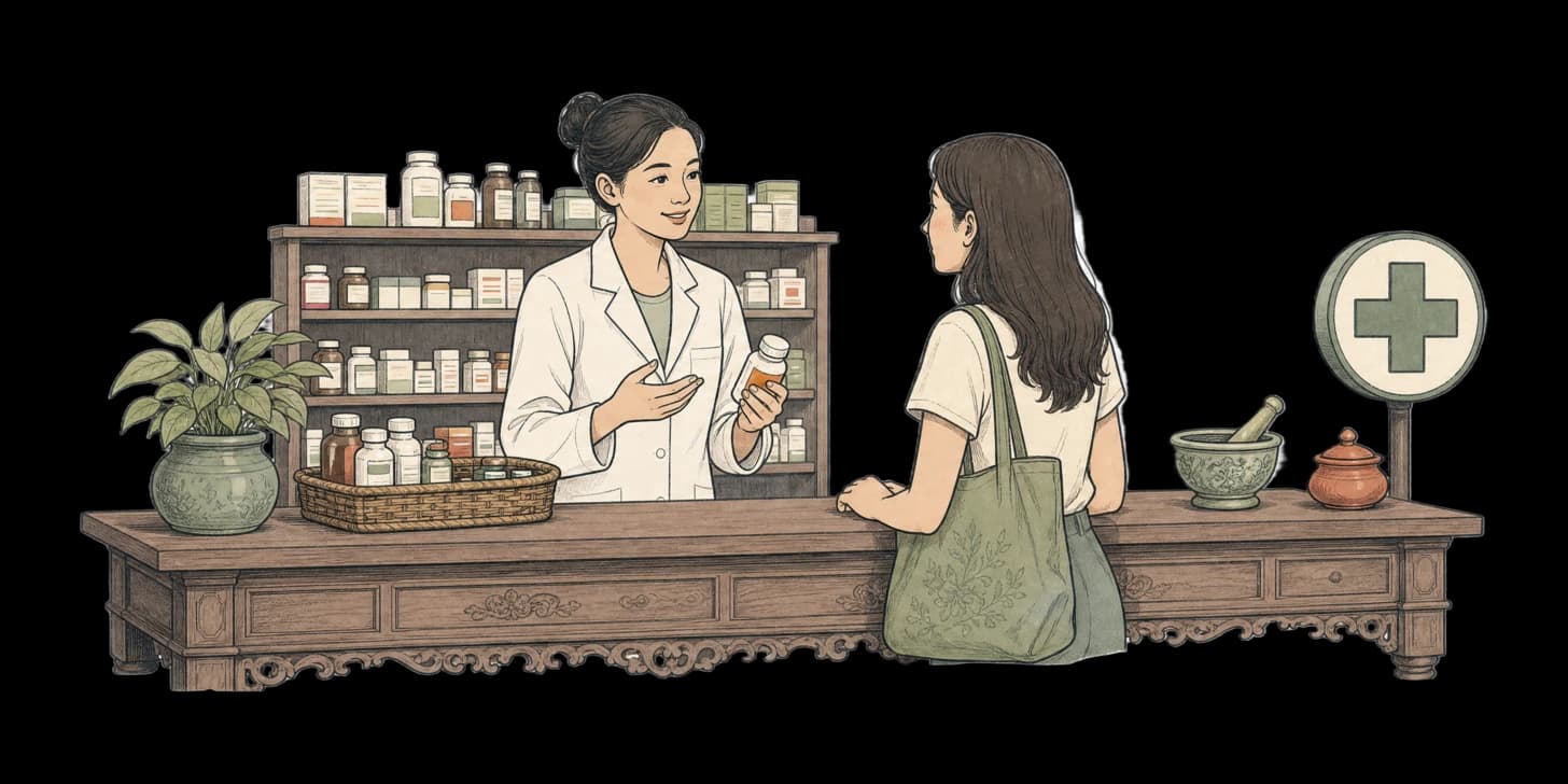 Leuchtende Grüne-Kreuz-Apothekenschilder entlang einer Chiang Mai Abendstraße