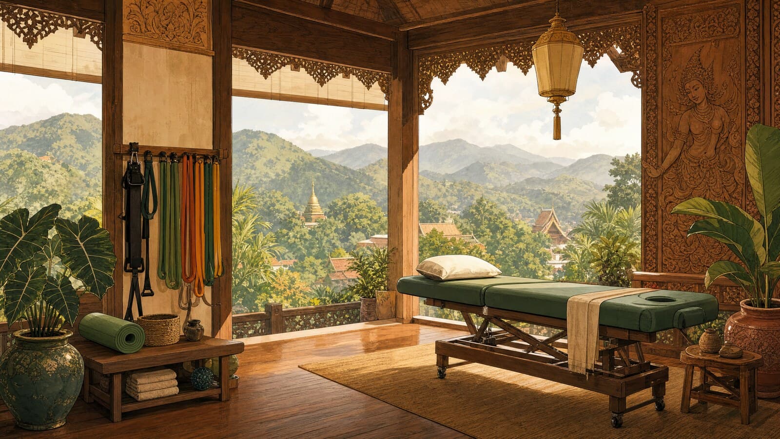 A warm Lanna-style illustration of a calm physiotherapy studio with a treatment table, resistance bands and soft green mountains framed by teak woodwork