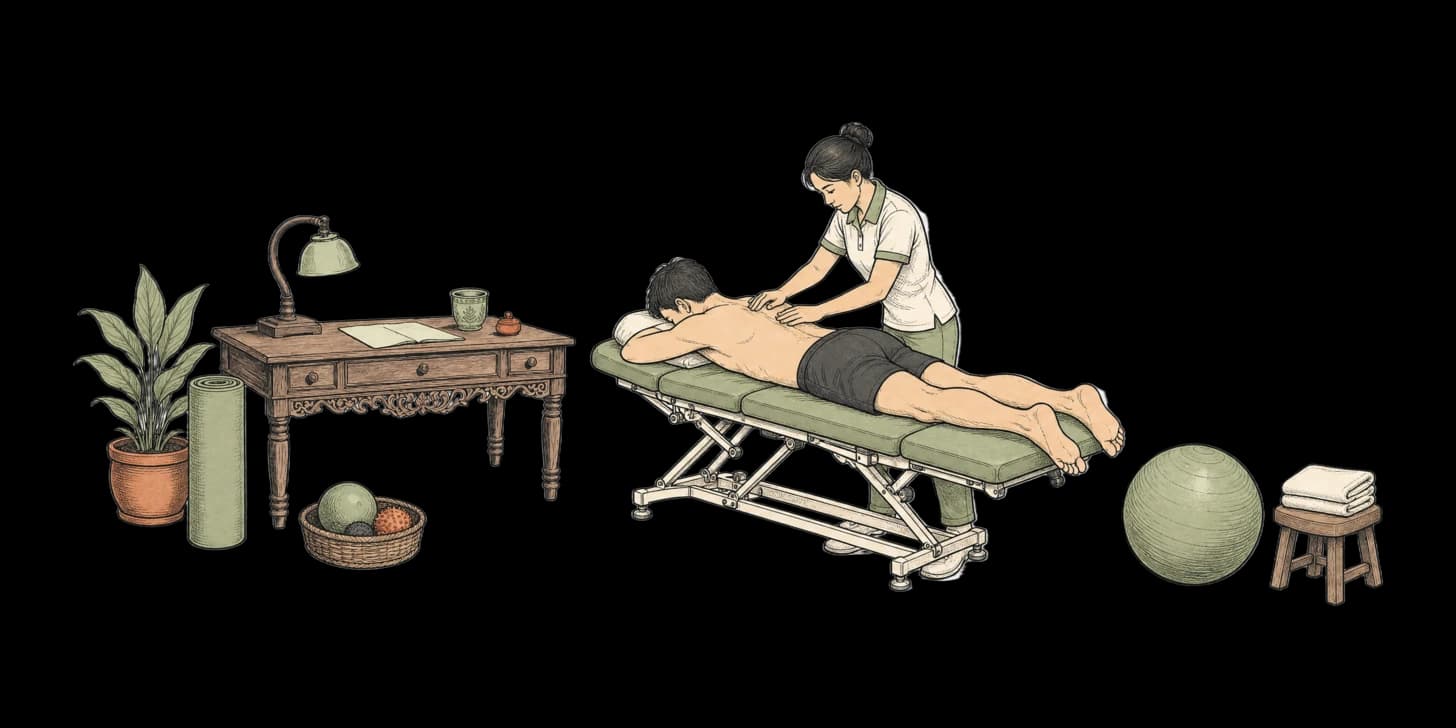 Ein Physiotherapeut, der einen Patienten bei einer sanften Dehnübung auf einer Behandlungsmatte begleitet