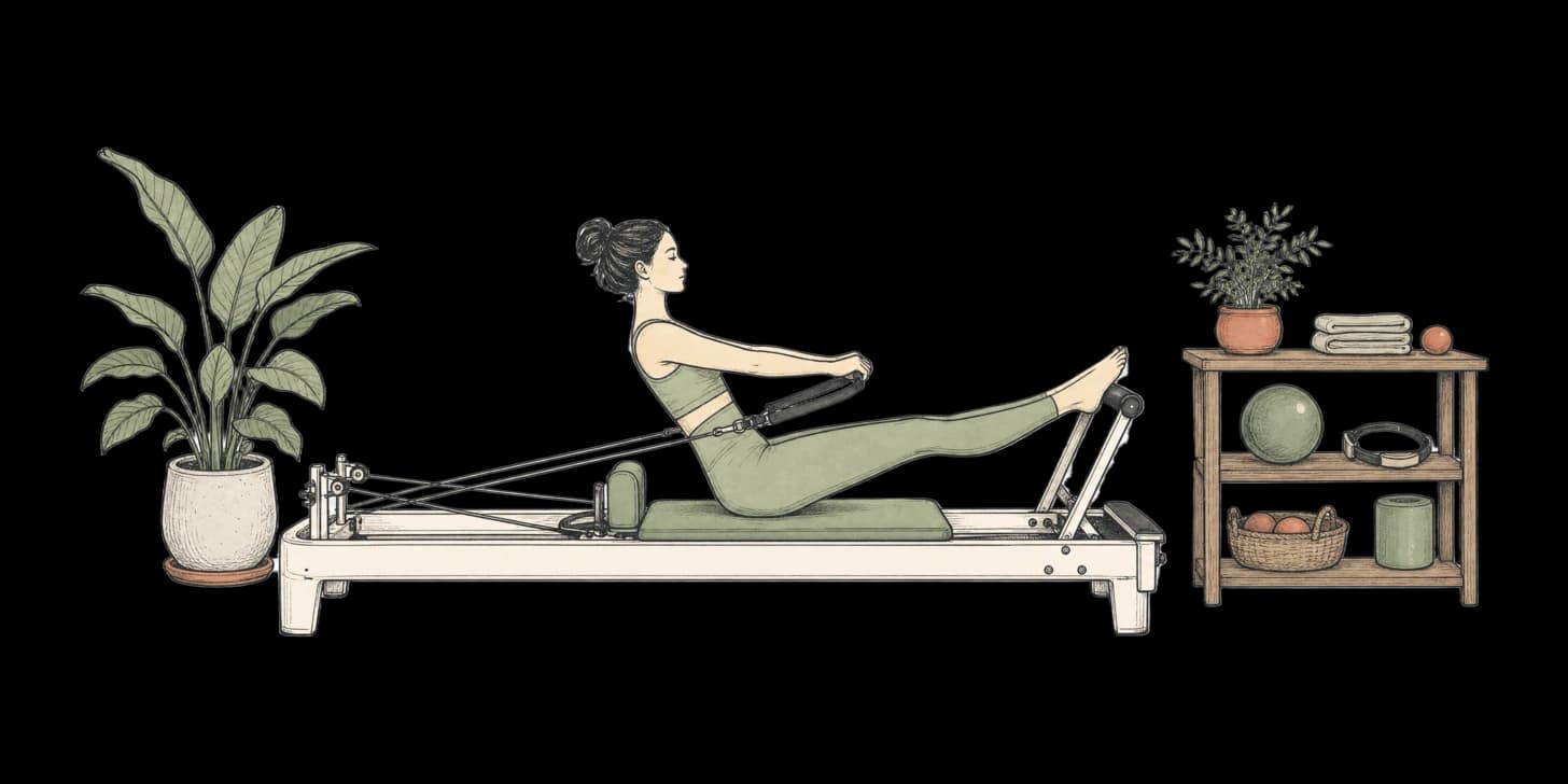 People lying on reformers facing a teacher in a calm Chiang Mai pilates studio