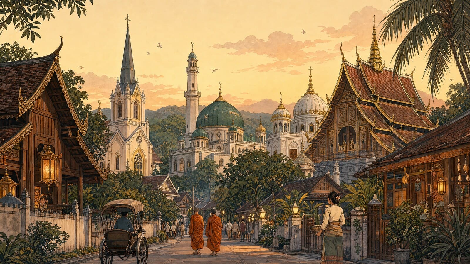 A warm Lanna-style illustration of a peaceful Chiang Mai street at dusk where a church spire, a mosque minaret, a gurdwara dome and tiered temple roofs share one gentle skyline