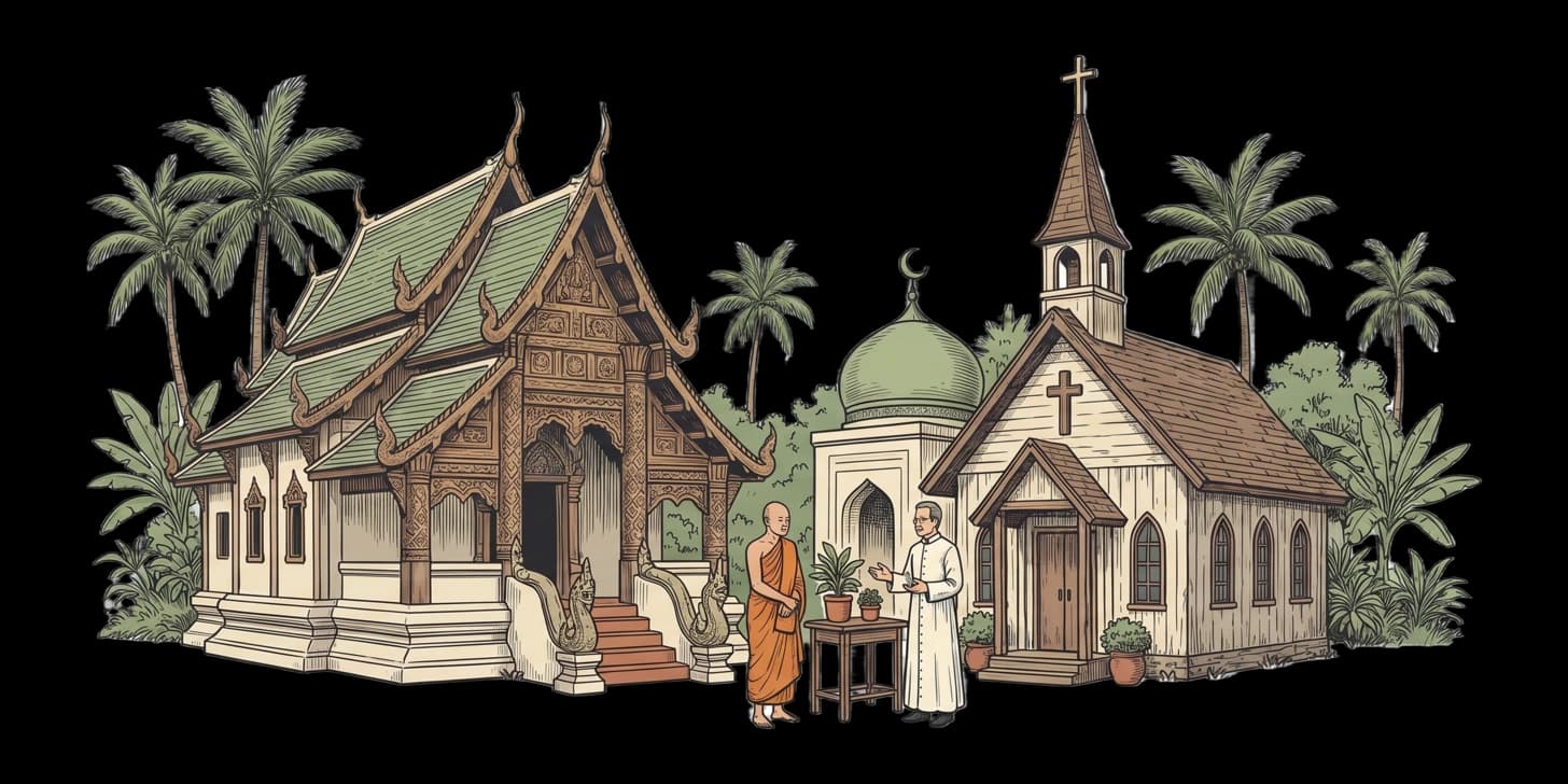 A church spire, a mosque minaret and tiered Lanna temple roofs sharing one skyline at dusk