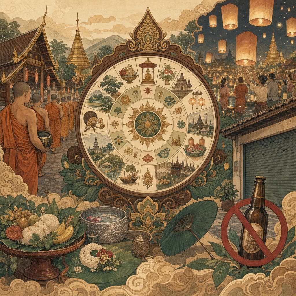 A warm Lanna-style illustration of a Thai almanac calendar ringed by festival scenes — monks in saffron, floating lanterns, a closed shop shutter and a crossed-out beer bottle.