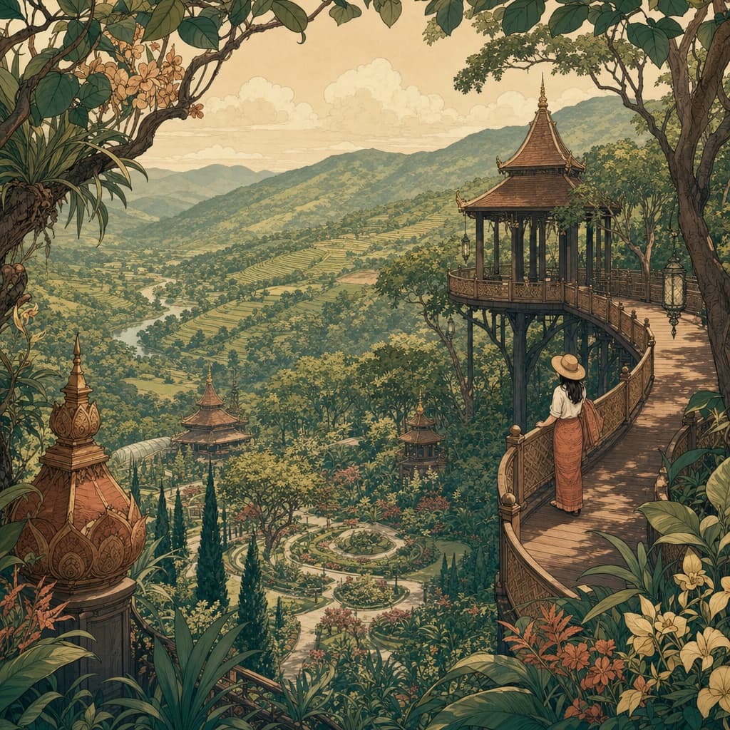 Lanna-style illustration of a treetop canopy walkway winding through the Queen Sirikit Botanic Garden, with the green Mae Sa valley and terraced hills beyond