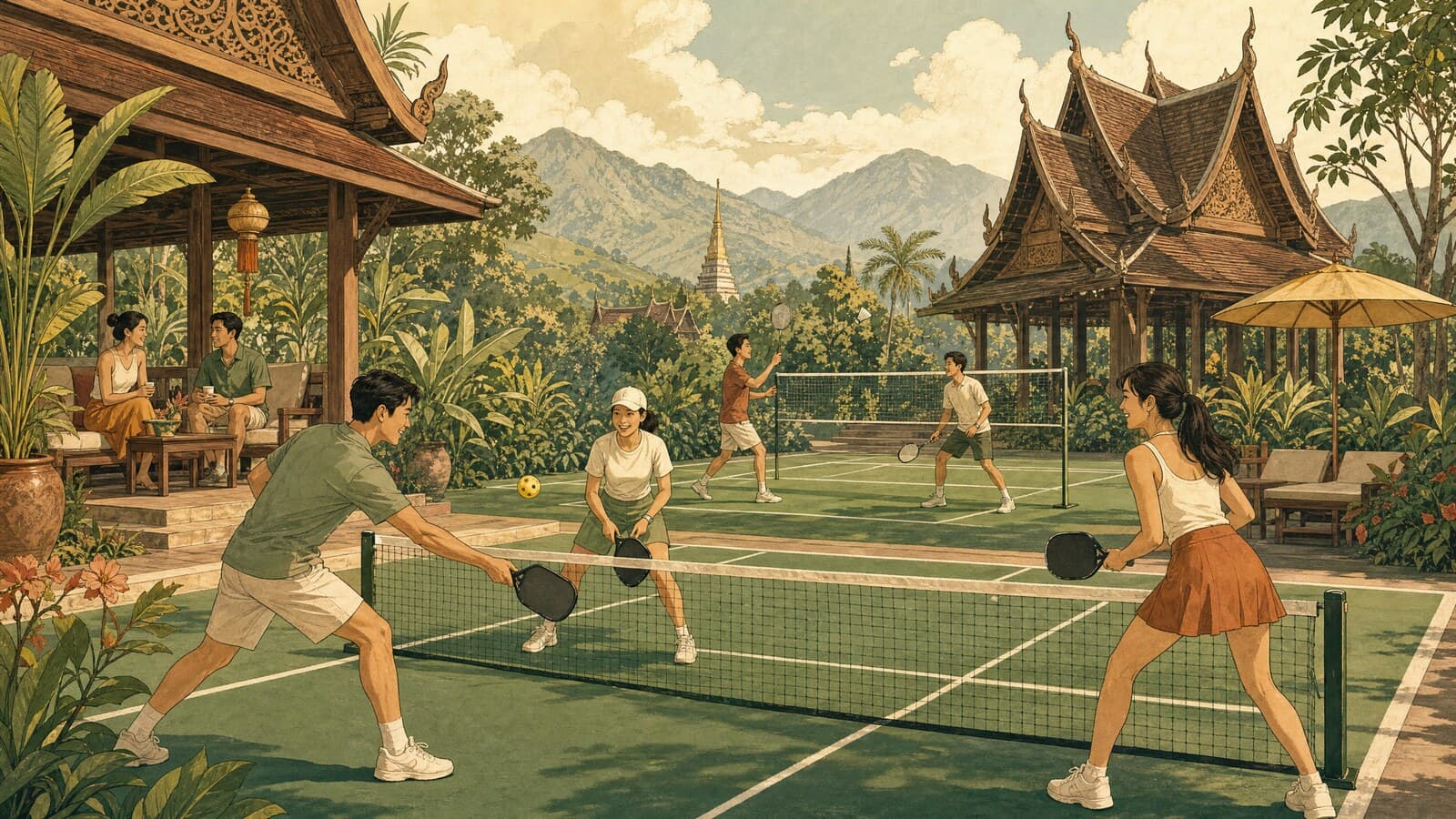 A warm Lanna-style illustration of friends playing pickleball and badminton on sunlit courts framed by teak pavilions, tropical plants and mountain views
