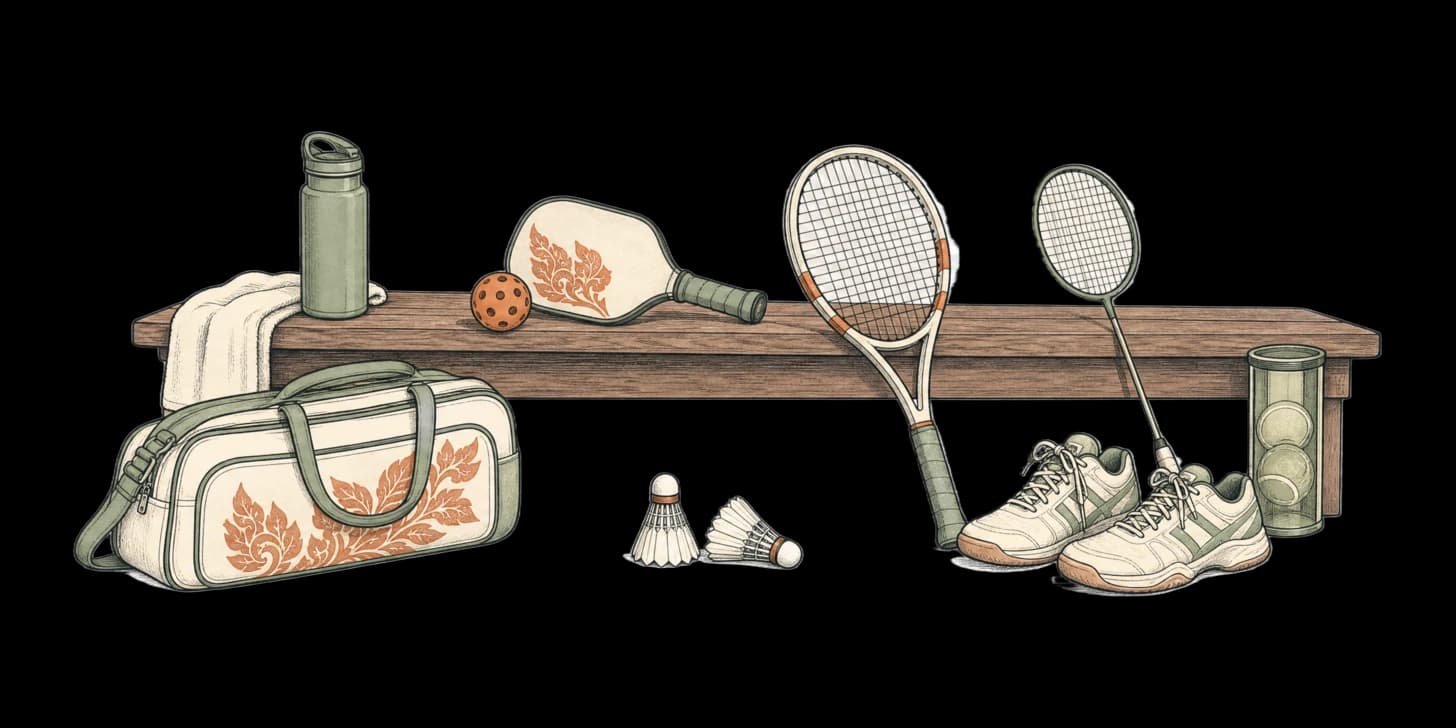 Eine abendliche Badmintonhalle mit Federbällen im Flug über grünen Innenplätzen