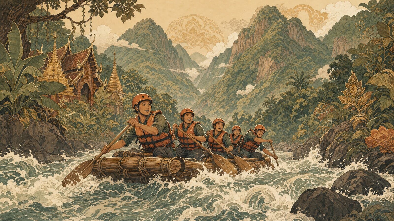 A warm Lanna-style illustration of a raft crew in helmets and life jackets paddling through frothing rapids on a jungle river, with steep forested mountains rising behind