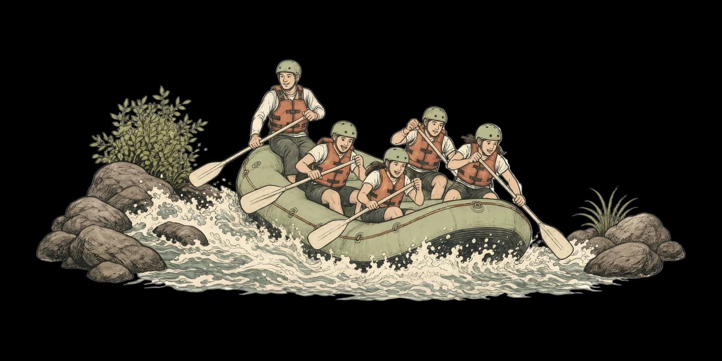 Helme und Schwimmwesten zur Inspektion neben Rafts an einem Flussufer ausgelegt