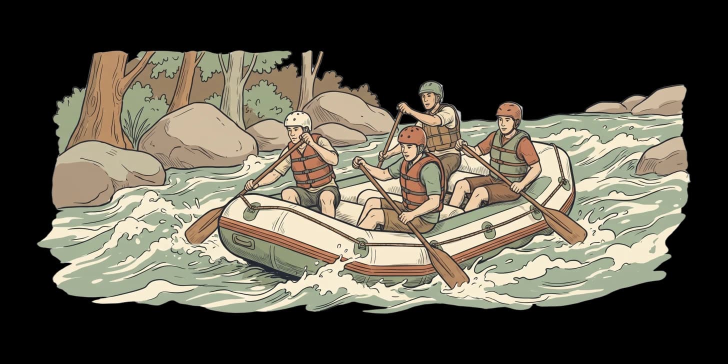 Eine Raft-Crew paddelt durch eine felsige Stromschnelle auf einem bewaldeten Abschnitt des Mae Taeng